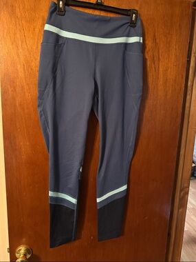 Tek Gear Navy Blue Athletic Leggings with Light Blue Stripes